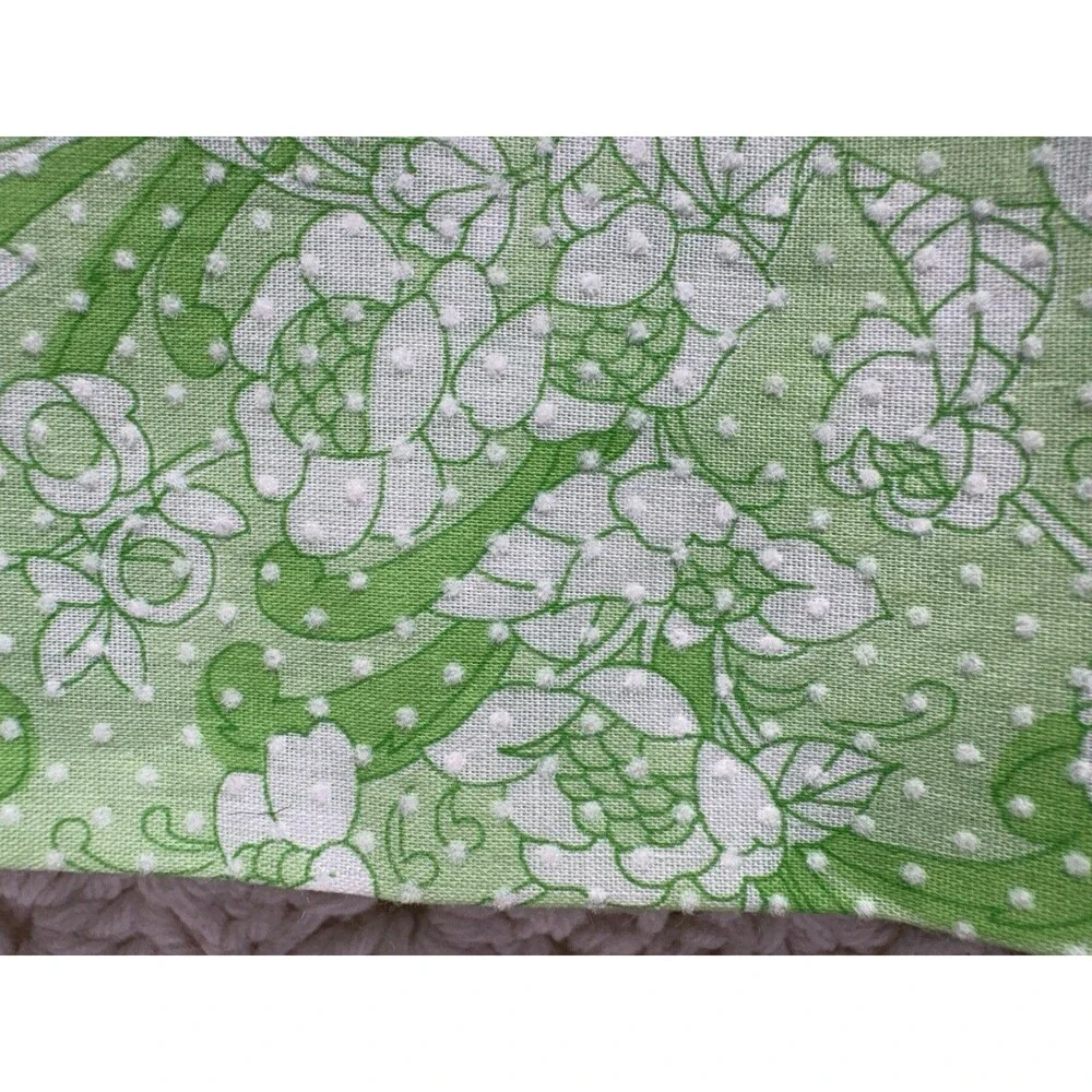 Vintage Green White Flocked Swiss Dot Floral Fabric Pinafore Dress 44” X 128”
